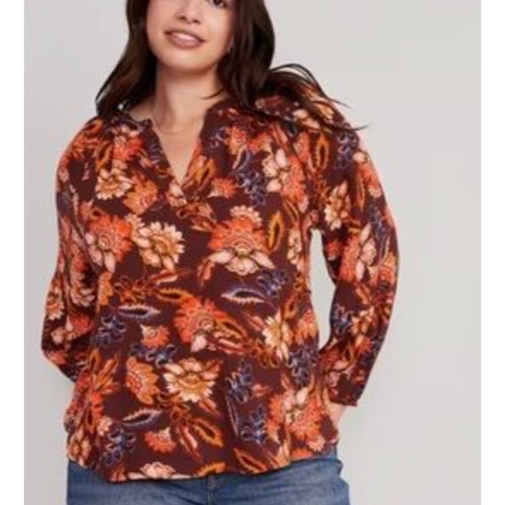 Old Navy Paisley Floral Red Boho‎ Flowy Blouse XL Tall V-neck Prairie Revival
